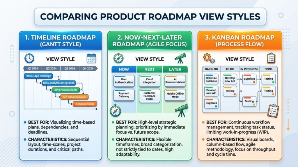15 Best Product Roadmap Software Tools for Product Managers 2 Side-by-side comparison graphic showing three roadmap view styles: timeline, now-next-later, and kanban