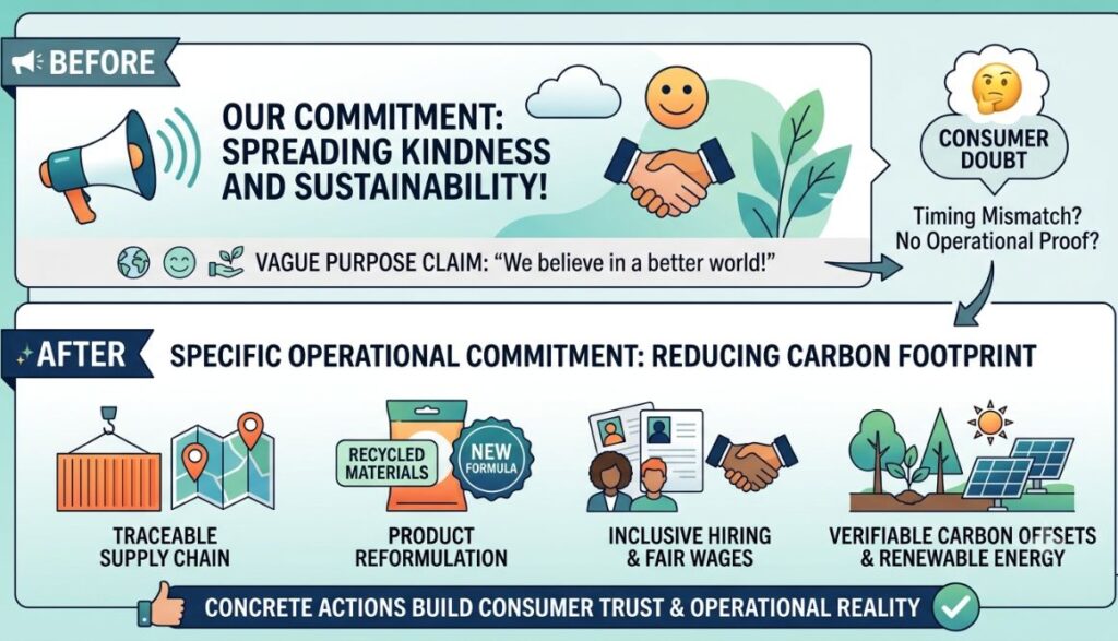 Purpose-Driven Marketing: How Indian Brands Are Building Loyalty With Real Impact (Not Campaigns) 4 Simple beforeafter graphic contrasting a vague purpose claim with a specific, verifiable operational commitment