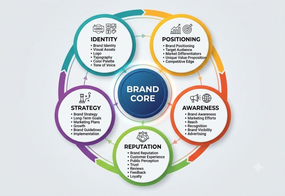 Importance of Brand Management: Strategies, Benefits & Best Practices 2 Simple framework diagram showing the five pillars of brand management — identity, positioning, awareness, reputation, and strategy — circling a central brand core