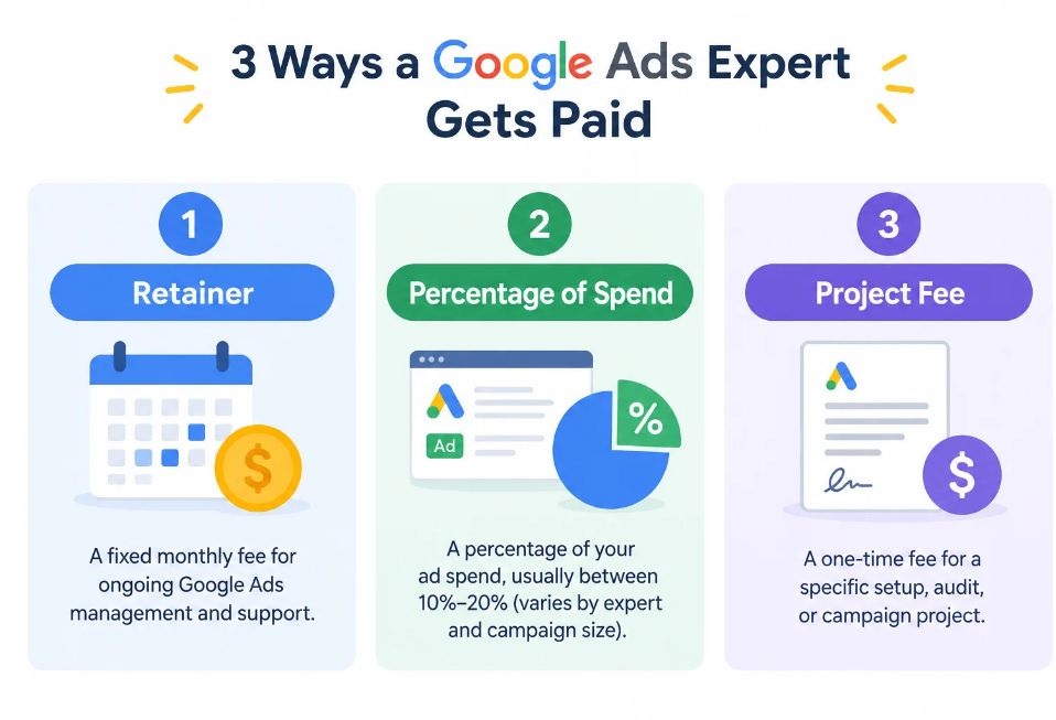 Step-by-Step Guide to Become a Google Ads Expert in 2026 2 Simple graphic showing the three ways a Google Ads expert gets paid: retainer, percentage of spend, project fee