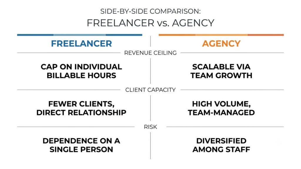From Freelancer to Agency Owner: Scale Your Freelance Career 2 Simple side-by-side comparison graphic showing freelancer vs agency across revenue ceiling, client capacity, and risk