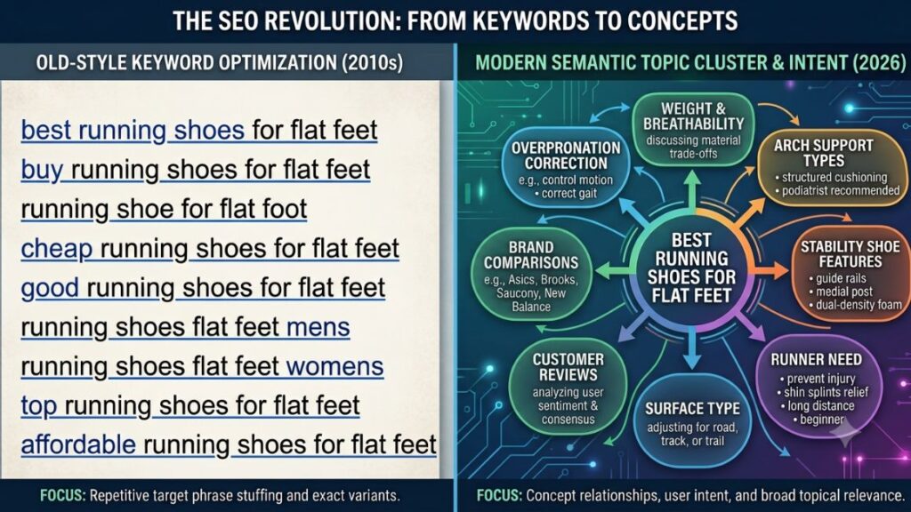 Semantic Keywords: How to Find and Use Them for Better Rankings in 2026? 2 Split-screen graphic showing old-style keyword list on one side and a semantic topic clustermind-map on the other
