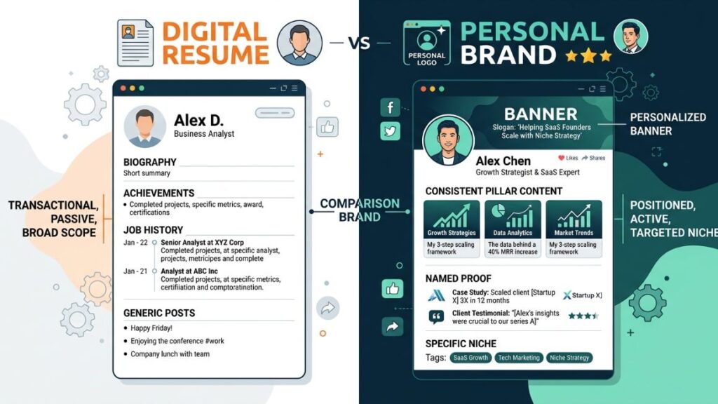 How to Build a Personal Brand That Gets You Inbound Client Requests? 2 This infographic contrasts a generic digital resume profile (left) against a personal brand profile built to generate inbound client requests (right).