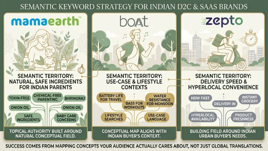 Semantic Keywords: How to Find and Use Them for Better Rankings in 2026? 6 Three-brand comparison graphic showing Mamaearth, boAt, and Zepto with their respective semantic territories