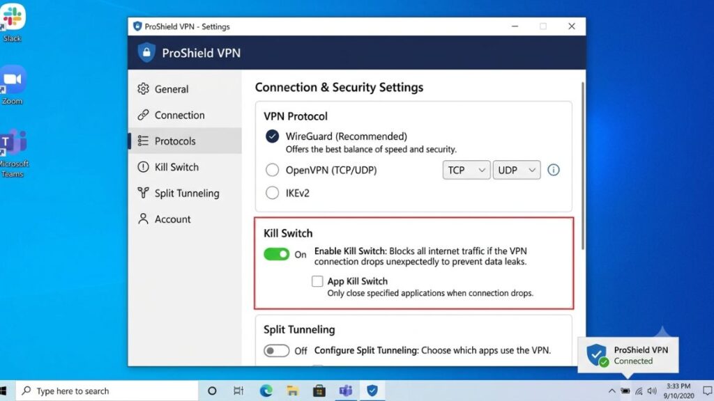 Best VPNs for Remote Workers: Security, Speed, and Streaming Access Compared 3 VPN protocol and kill switch settings screen