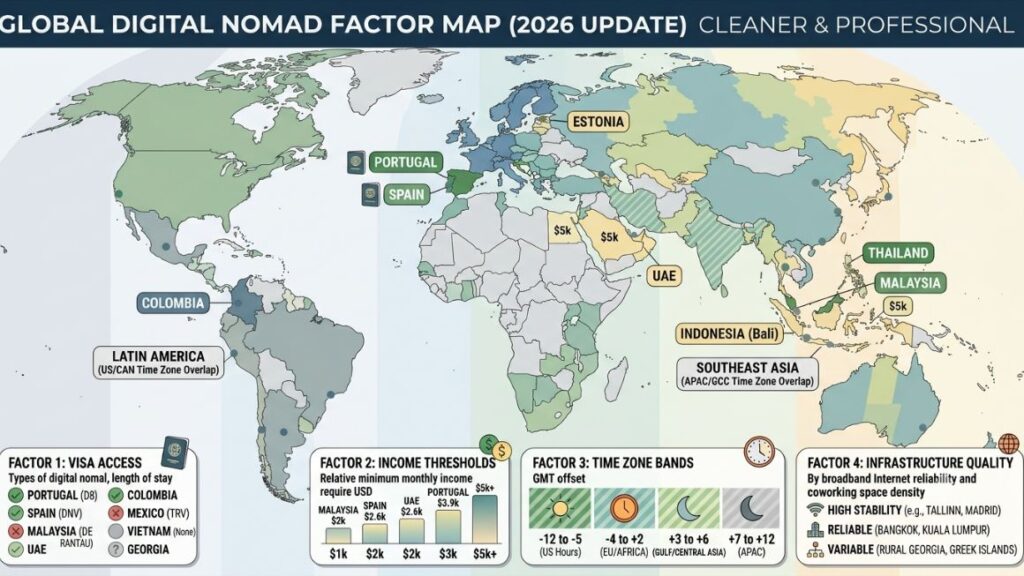 Best Countries for Digital Nomads in 2026: Visas, Cost of Living, and Time Zones 2 World map highlighting the four factors, visa access, income thresholds, time zone bands, and infrastructure quality, across the countries covered in this guide