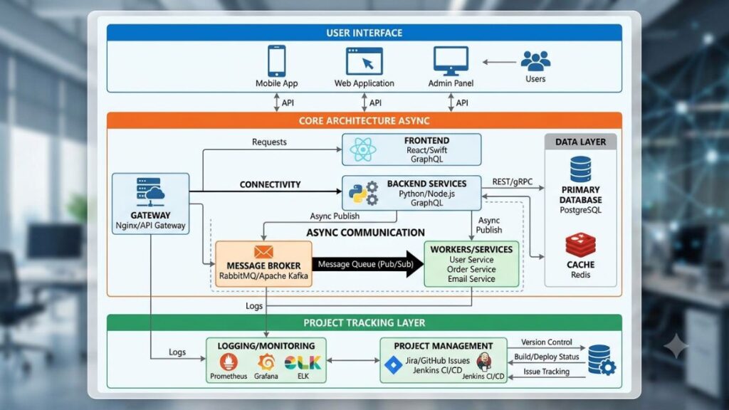How to Stay Productive While Traveling Without Losing Client Trust? 2 a simple tech stack diagram showing connectivity, async communication, and project tracking layers