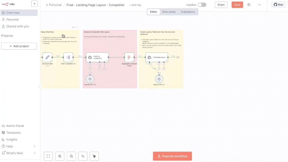 n8n agent workflow screenshot, competitor landing page audit