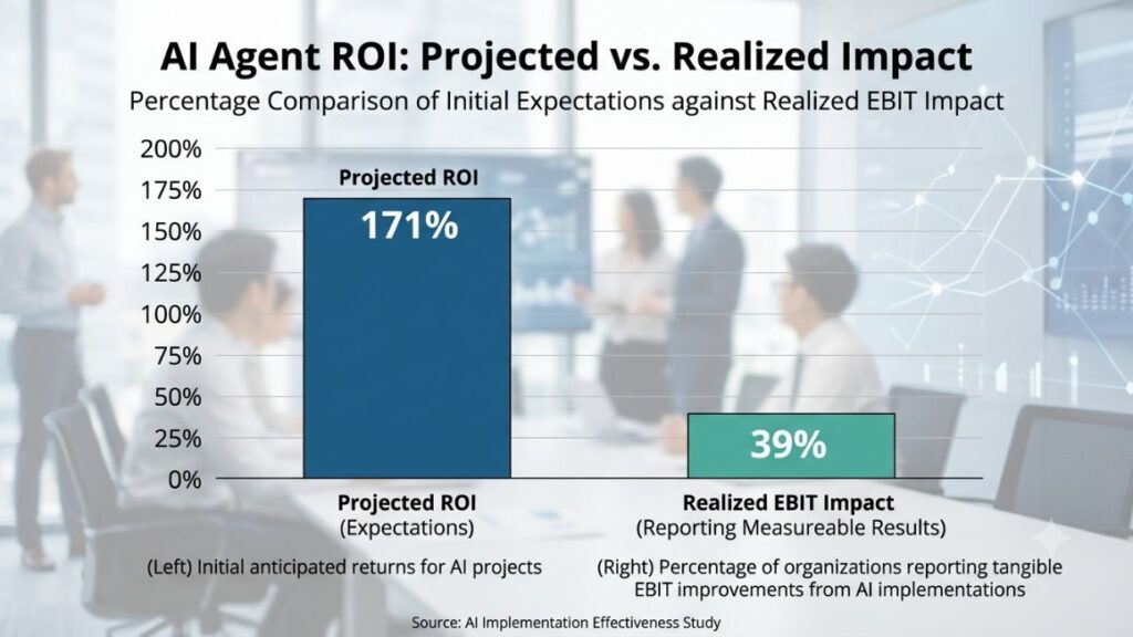 Best AI Agent for Marketing: How to Choose the Right One for Your Stack in 2026? 4 chart showing projected vs. realized AI agent ROI, 171% projected against 39% reporting measurable EBIT impact
