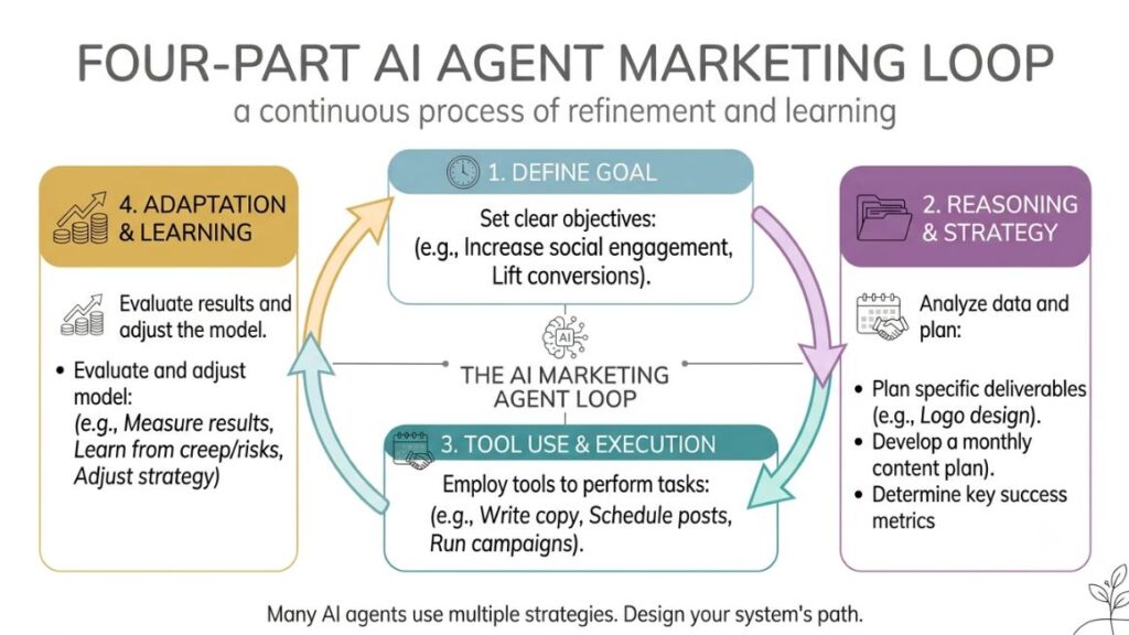 AI Agents for Marketing Workflows: What They Do and How to Deploy Them in 2026 2 four-part AI Agents for Marketing Workflows loop, showing a cyclical process.