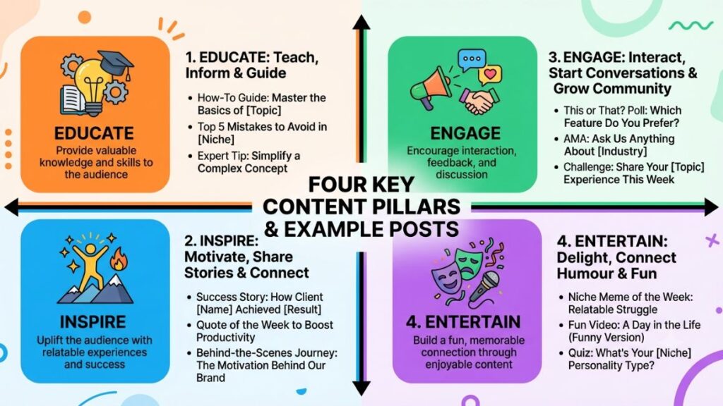 How to Build a Personal Brand That Gets You Inbound Client Requests? 3 quadrant graphic showing the four content pillars with one example post idea in each quadrant