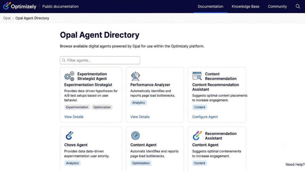 AI Agent for Conversion Rate Optimization: How It Works in 2026 3 AI Agent for Conversion Rate Optimization -screenshot of the Optimizely Opal Agent Directory or a Contentsquare Sense chat, sourced from the vendor's public documentation