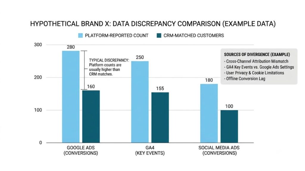 AI Agent for Marketing Analytics: How It Works, Where It Helps, and How to Start Safely 4 AI Agent for Marketing Analytics - Illustrative chart comparing platform-reported conversions with CRM-matched customers for the hypothetical Brand X, labelled as example data