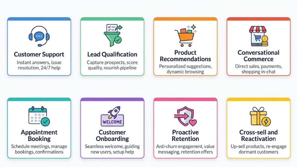 AI Agent for Customer Engagement: How to Deploy One That Works (2026) 3 AI Agent for customer engagement - Grid graphic showing all 8 use cases with icons