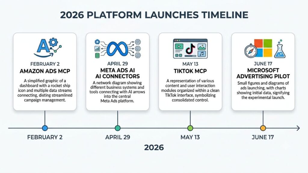 AI Agent for Paid Advertising: How to Set Up, Control and Measure One in 2026 2 AI agent for paid advertising - timeline graphic of 2026 platform launches Amazon Ads MCP (Feb 2), Meta Ads AI Connectors (Apr 29), TikTok MCP (May 13, Microsoft Advertising pilot Jun 17