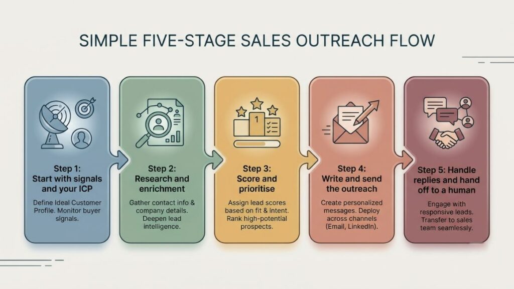AI Agent for Prospecting in 2026: How They Work, What They Cost, and Where They Break 2 Ai agent for prospecting Simple five-stage flow diagram showing signals, research, scoring, outreach and human handoff