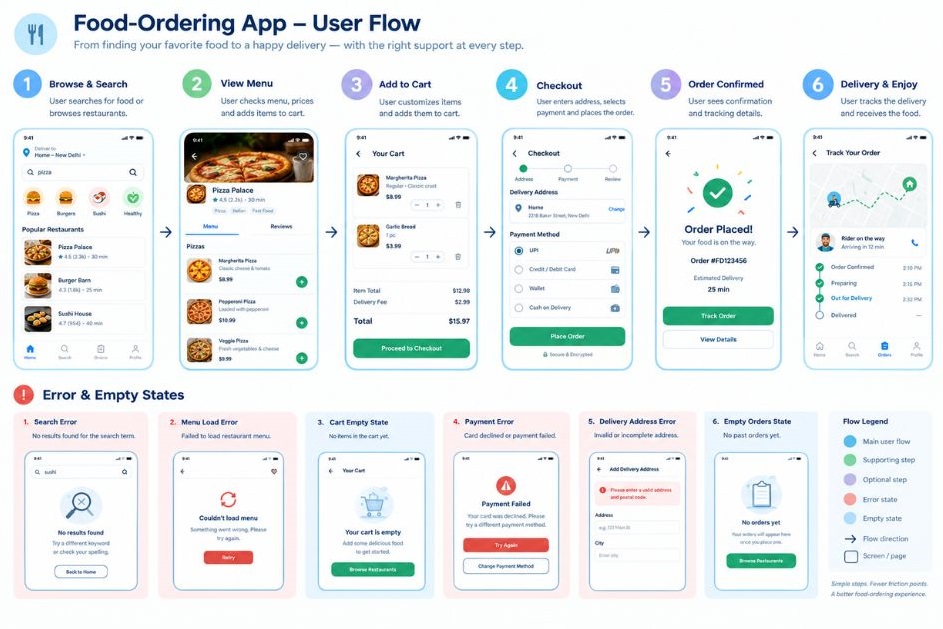 Product Design Skills: What You Actually Need To Learn 4 Annotated user flow for a food-ordering app, with error and empty states marked