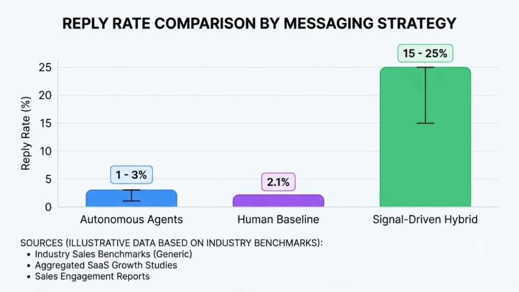 AI Agent for Prospecting in 2026: How They Work, What They Cost, and Where They Break 3 Bar chart comparing reply rates autonomous agents (1 to 3%), human baseline (2.1%), signal-driven hybrid (15 to 25%), with sources labelled