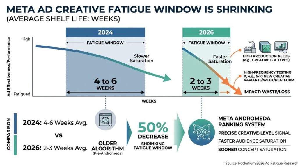 AI Agent for Ad Creative Generation: How to Build a Workflow That Scales? 2 Chart showing Meta ad creative fatigue window shrinking from 4-6 weeks in 2024 to 2-3 weeks in 2026- AI Agent for Ad Creative Generation