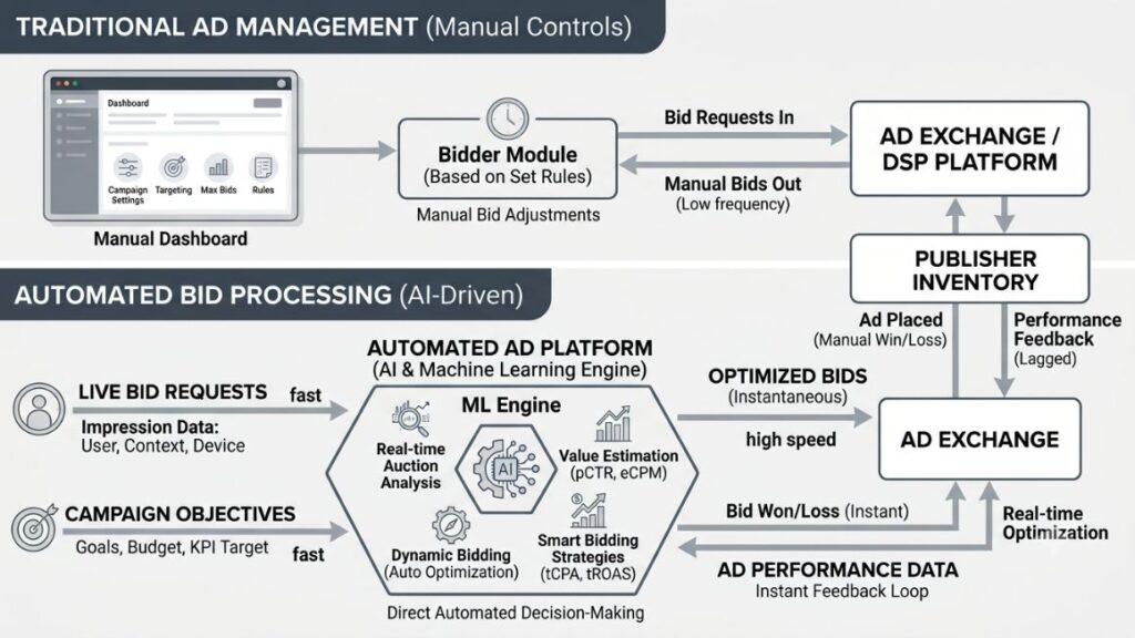 AI Agent for Programmatic Advertising: A Complete Guide to Automated Ad Buying 2 Conceptual diagram illustrating automated programmatic advertising workflows and real-time ad buying settings
