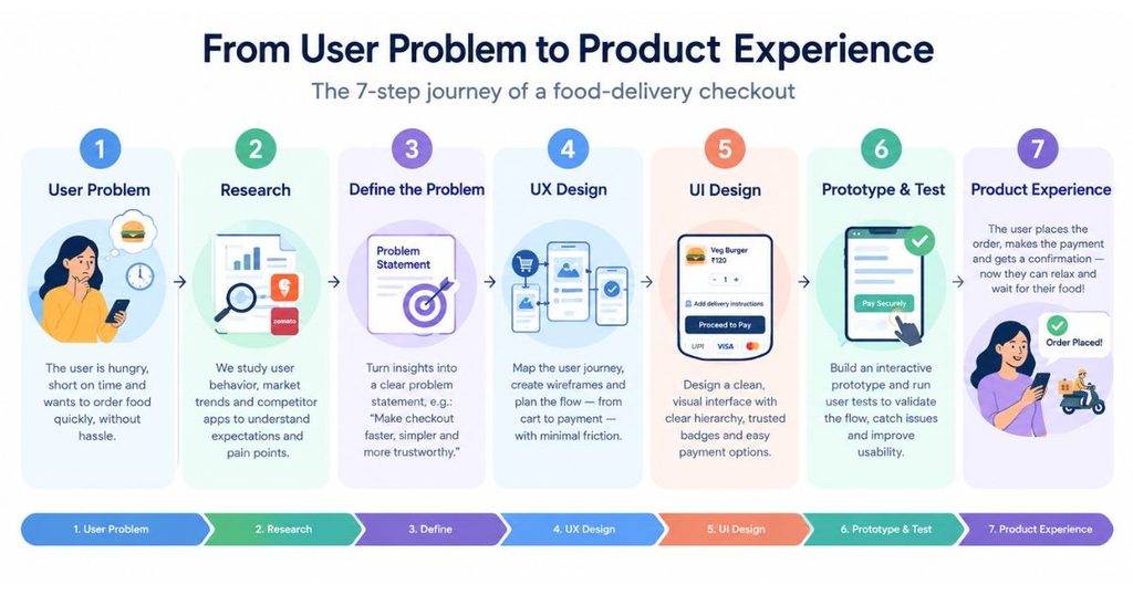 Product Design Skills: What You Actually Need To Learn 3 Flow diagram of the seven-step journey from user problem to product experience, using the food-delivery checkout example