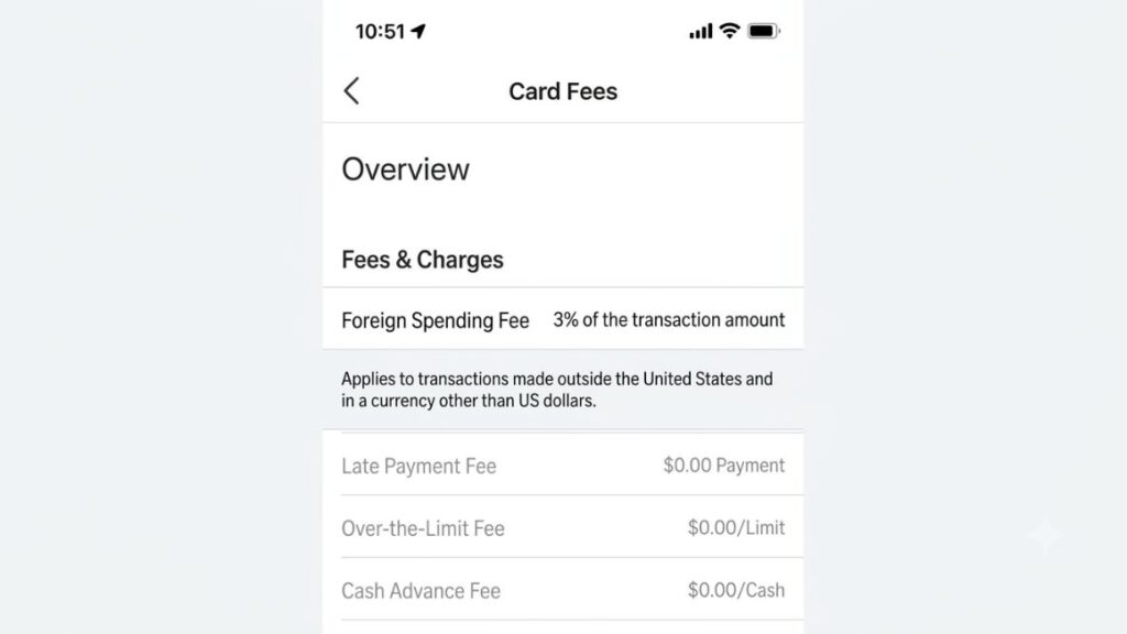 Avoiding Foreign Transaction Fees While Living and Working Abroad 3 Foreign Transaction Fees- screenshot of a card's fee page showing the foreign-spending line