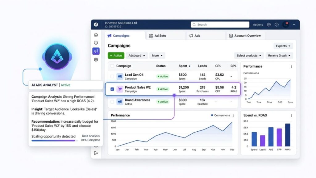 AI Agent for Facebook Ads: How to Automate, Optimize and Scale Campaigns in 2026 2 Hero graphic showing a Facebook Ads Manager dashboard with an AI agent overlay analyzing campaign data