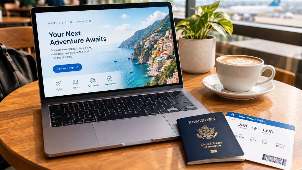 Best Laptops for Remote Work and Travel in 2026 2 Hero image of a laptop open on a café table beside a passport and boarding pass