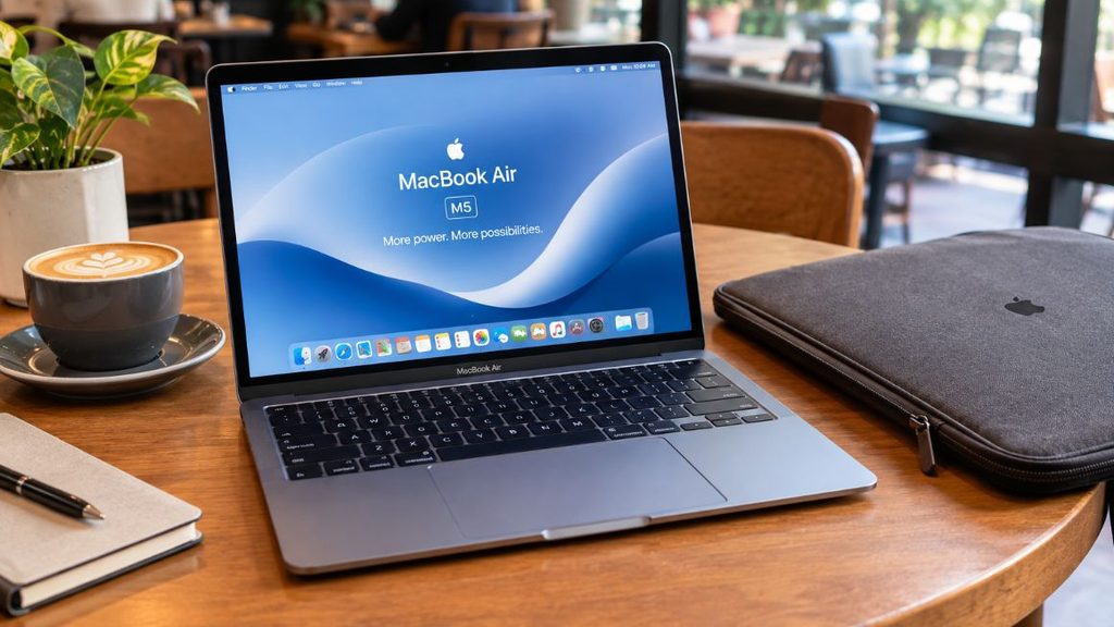 Best Laptops for Remote Work and Travel in 2026 3 MacBook Air M5 13-inch in a café setting with a laptop sleeve