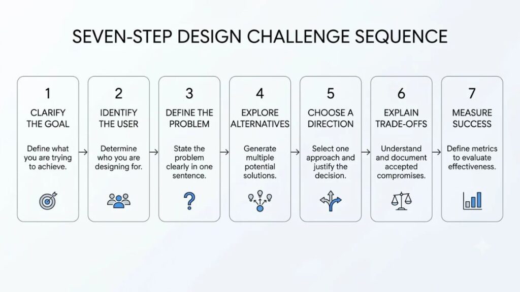 Product Design Interview Questions: 40 Questions, Sample Answers & Preparation Tips 3 Product Design Interview Questions - Seven-step design challenge sequence as a horizontal diagram
