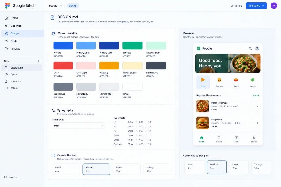 AI Tools for Designers: What to Use at Each Stage of Your Workflow (2026 Cheat Sheet) 6 Screenshot of the Google Stitch DESIGN.md tab showing colour palette, fonts, and corner radius settings