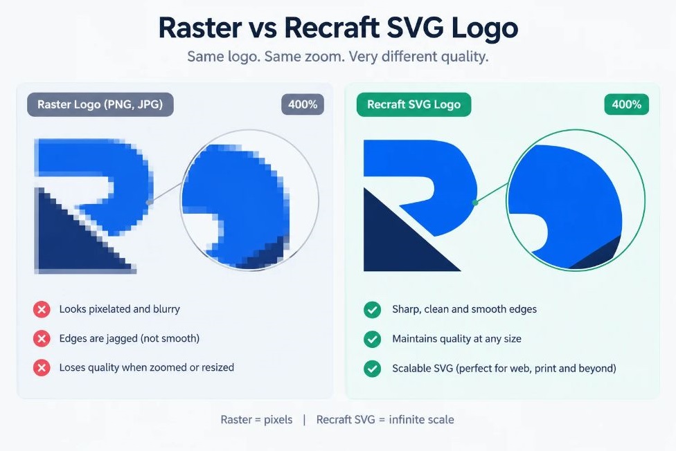 AI Tools for Designers: What to Use at Each Stage of Your Workflow (2026 Cheat Sheet) 4 Side-by-side of a raster logo concept and a Recraft SVG logo, both zoomed to 400%, showing the quality difference