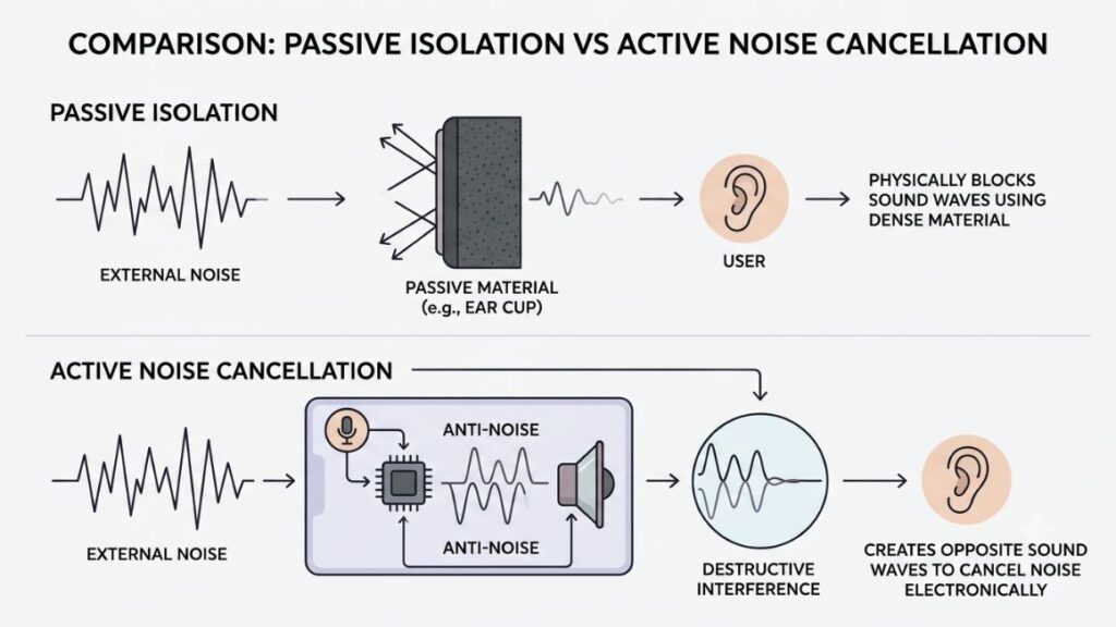 Best Noise-Canceling Headphones for Working From Loud Co-working Spaces or Cafes 3 Simple diagram comparing passive isolation with active noise cancellation