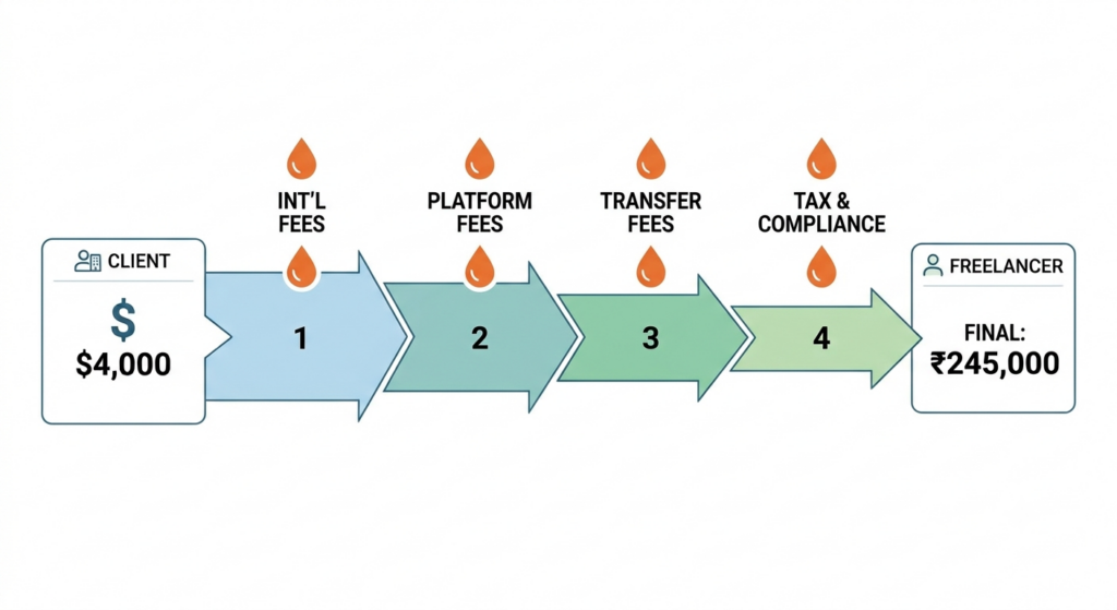How to Get Paid as a Freelancer Working Across Multiple Currencies? 2 Simple diagram showing a $4,000 invoice moving from client to freelancer with the four leak points marked and the rupee amount shrinking at each stop