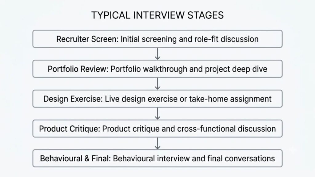 Product Design Interview Questions: 40 Questions, Sample Answers & Preparation Tips 2 Simple flow diagram of the five typical interview stages, from recruiter screen to final conversations