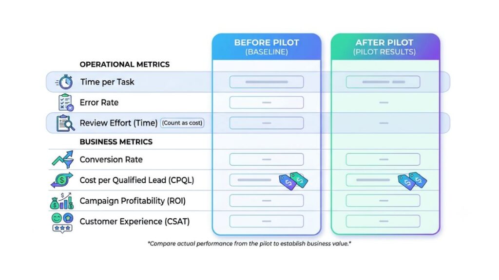 AI Agent for Marketing Teams: Use Cases, Tools, Benefits & Implementation Guide (2026) 5 Simple scorecard graphic listing the operational and business metrics to track before and after a pilot