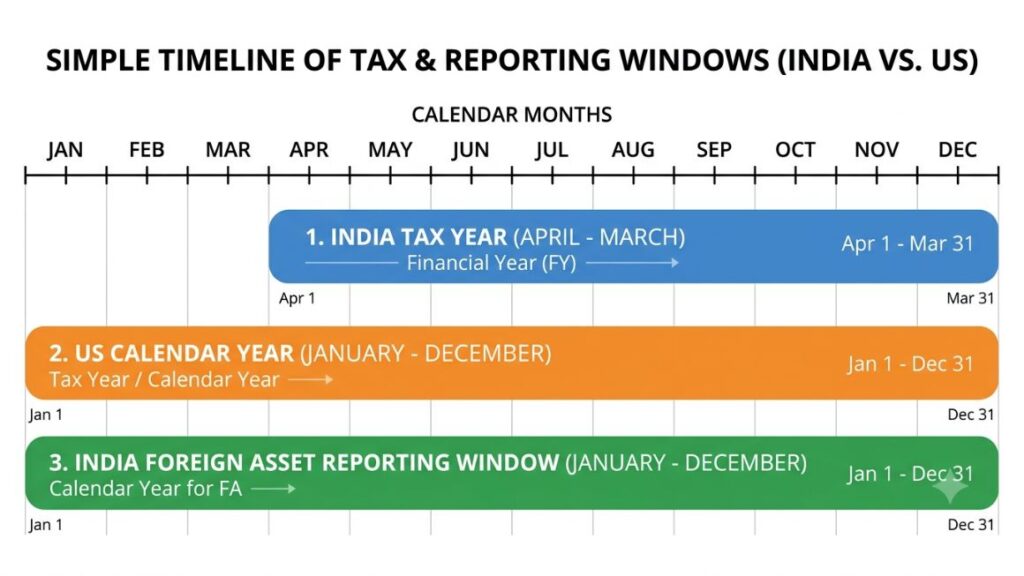 How to Track Expenses and Taxes Across Multiple Countries Without Losing Your Mind? 2 Simple timeline showing India's April-March tax year, the US calendar year and India's January-December foreign-asset reporting window stacked on one axis
