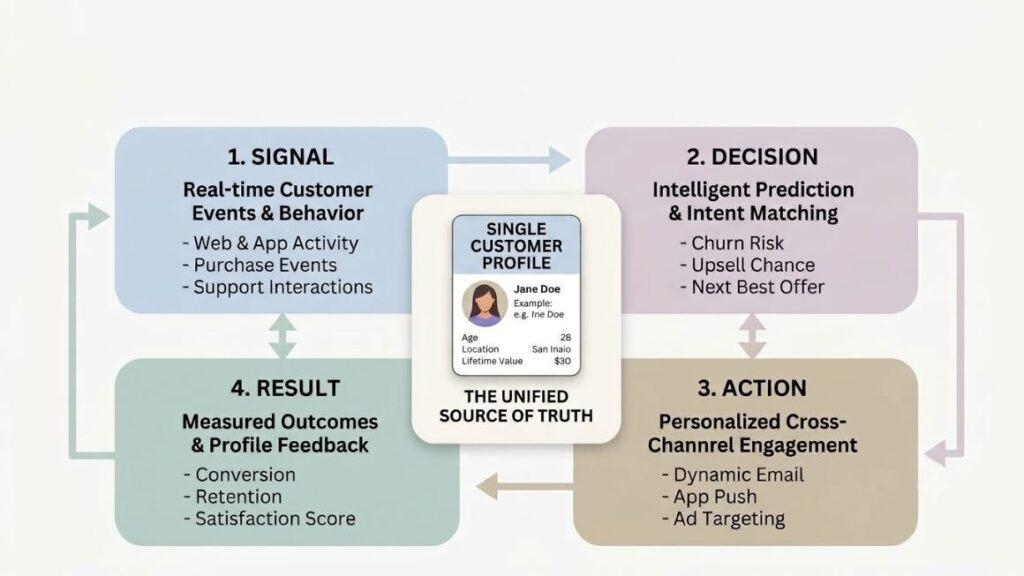 AI Agent for Personalized Marketing: How It Works in 2026 2 agent loop of signal, decision, action and result around a single customer profile