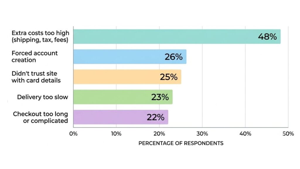 AI Agent for Cart Recovery: How It Works in 2026 2 bar chart of the five Baymard 2024 abandonment reasons