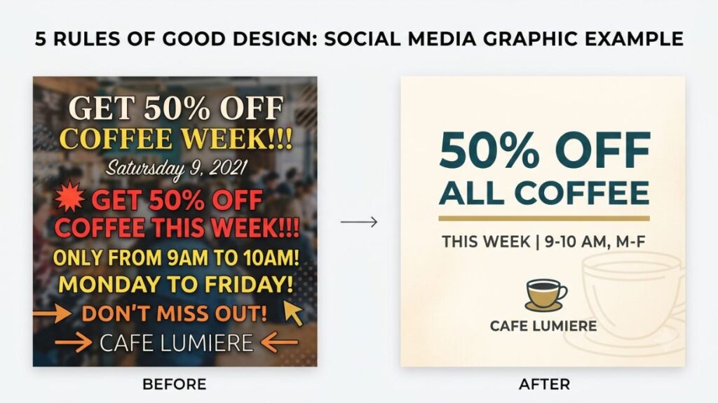 5 Rules Of Clean Design: How to Create Simple, Professional, and Effective Visuals 2 before and after of a cluttered social graphic and a cleaner version