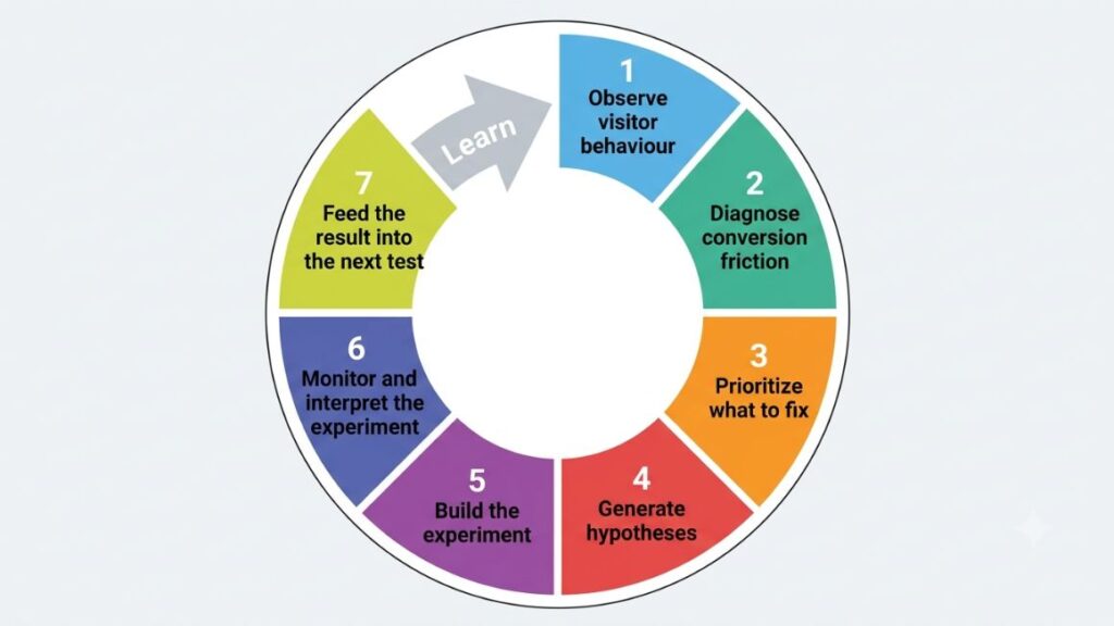 AI Agent for Conversion Rate Optimization: How It Works in 2026 2 circular diagram of the seven-step agent loop, with the Learn step feeding back into Observe