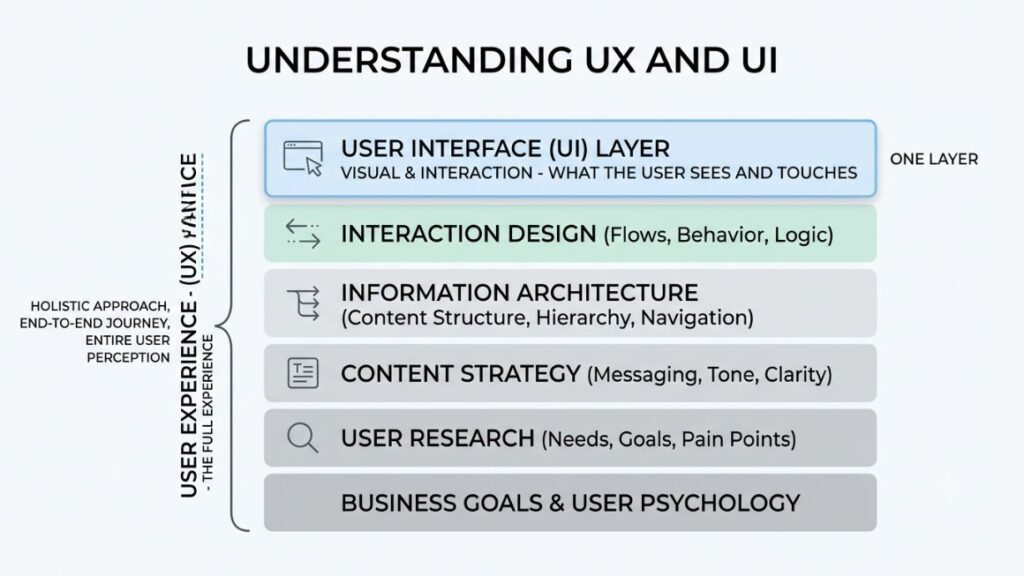 Is a UX Design Career in 2026 Worth It? Salary, Jobs & AI 2 diagram of UX as full experience, UI as one layer