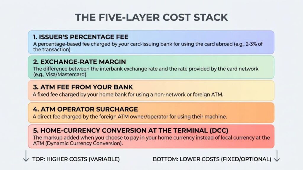 Avoiding Foreign Transaction Fees While Living and Working Abroad 2 diagram of the five-layer cost stack, from issuer fee at the top to terminal conversion at the bottom