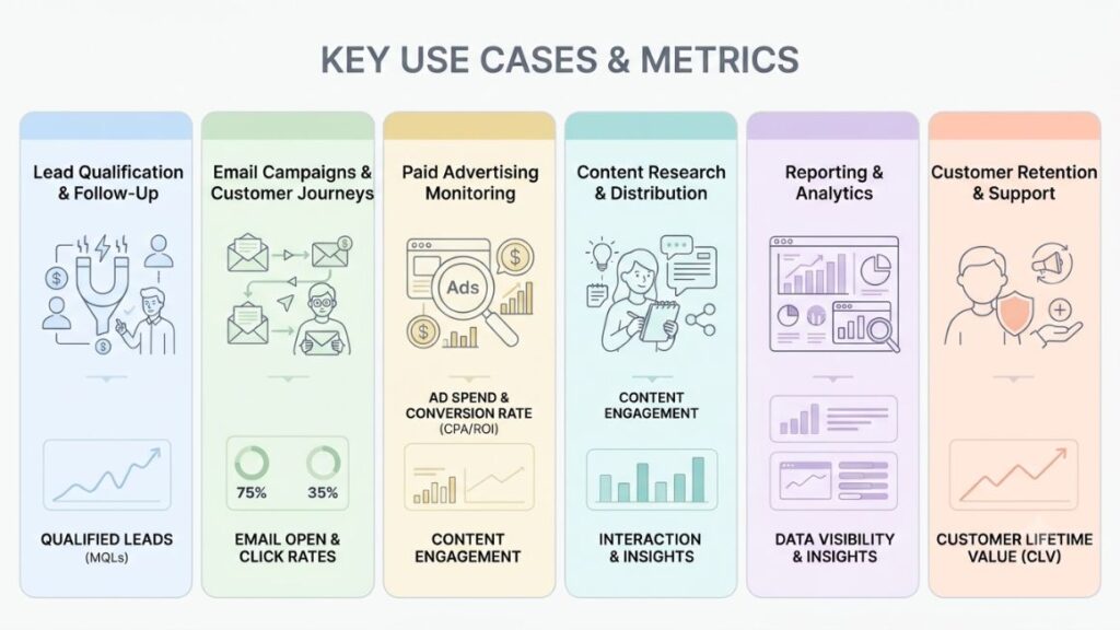 AI Agent for Marketing Automation: Benefits, Use Cases, Tools & How to Get Started in 2026 3 AI Agent for Marketing Automation infographic summarizing the six use cases and the one metric for each