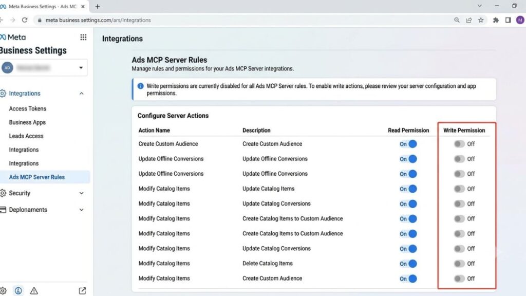 AI Agent for Paid Advertising: How to Set Up, Control and Measure One in 2026 4 screenshot of Meta Business Settings, Integrations, Ads MCP Server rules panel with write actions switched off